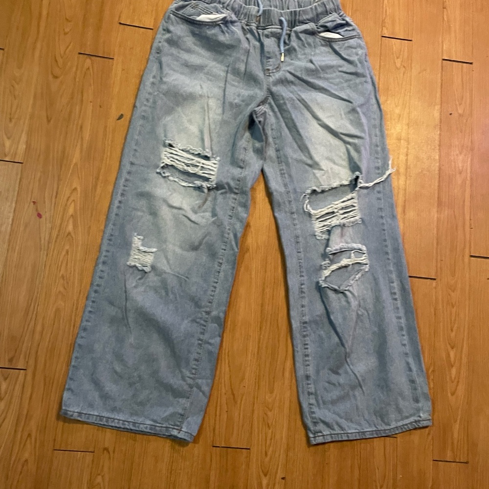 Blue Flare Wide Leg Distressed Jeans